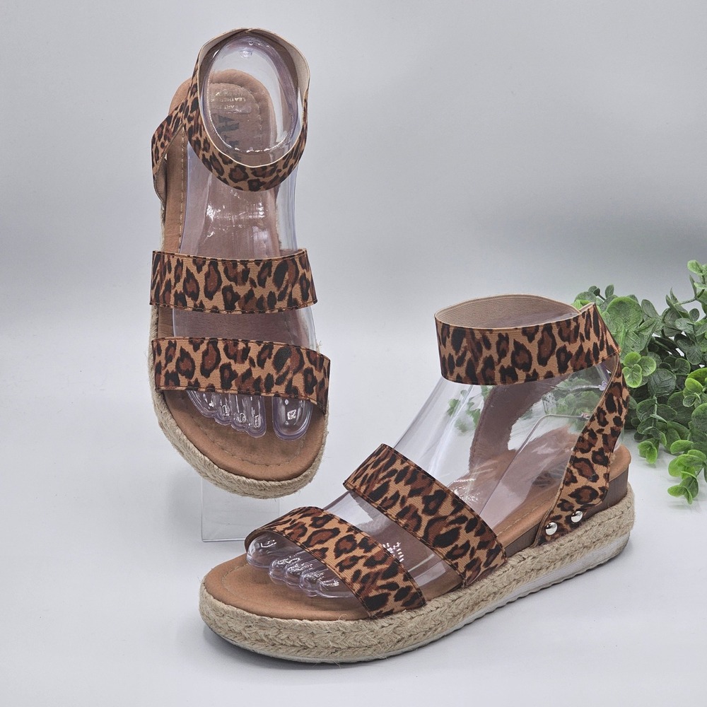 AMS Espadrille Platform Sandals Leopard Print Ankle Strap Flatforms EU 38 US‎ 8
